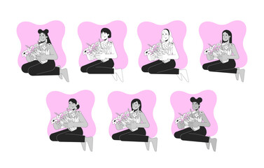 Mental health and breast cancer black and white 2D concepts set. Thriving after mastectomy. Diverse women bouquets outline illustration characters isolated. Metaphors monochrome vector collection