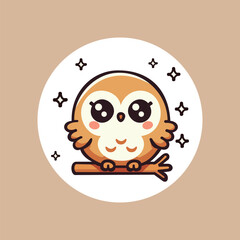 An illustration of a cute, chubby little owl with big sparkling eyes and tiny wings, perched on a branch