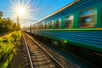 Fototapeta premium A green and blue train is moving rapidly on the railway, with a motion blur effect.