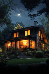 House in the wood in evening lights in windows