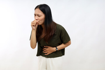 Young asian woman wearing casual shirt feeling unwell and coughing as symptom for cold or bronchitis. health care concept.