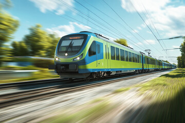 Naklejka premium A green and blue train is moving rapidly on the railway, with a motion blur effect.