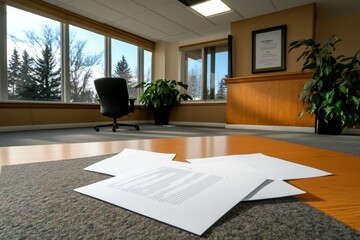 Empty office space with scattered papers and closed laptops, symbolizing the quiet aftermath of a business failure, capturing the somber tone of loss