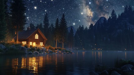 Fototapeta premium An artistic interpretation of a starry night in a tranquil landscape, featuring a calm lake reflecting the stars above and a cozy cabin illuminated by warm light.