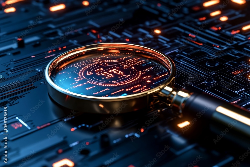 Aufkleber Flat 2D depiction of a magnifying glass over data clusters, symbolizing the focused search for patterns in a simple, clean style, symbolizing simplicity and precision