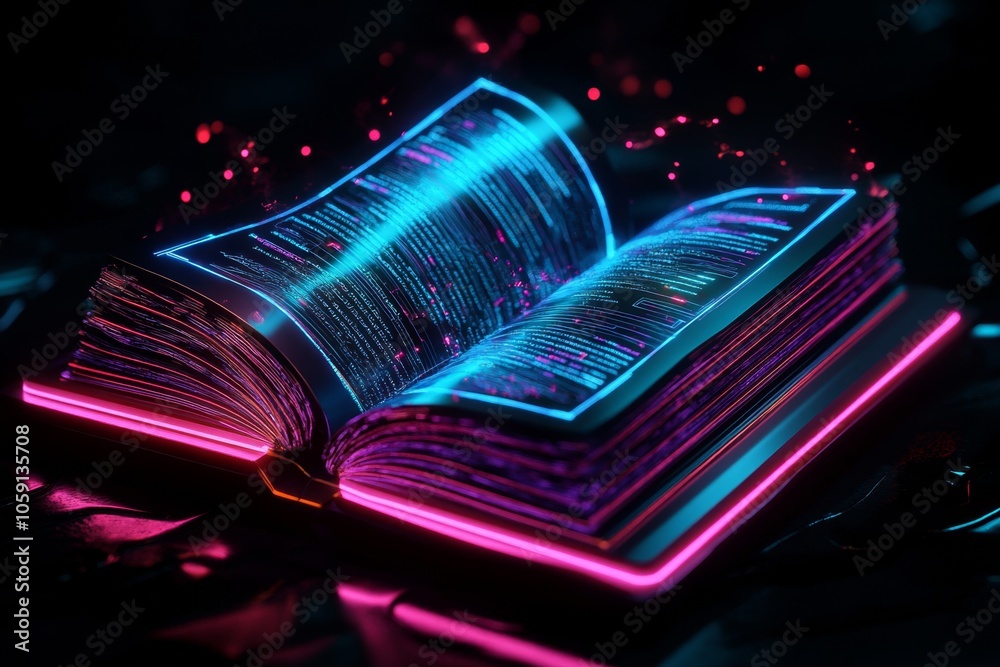 Poster futuristic holographic bond document with neon borders and organized data, symbolizing the high-tech