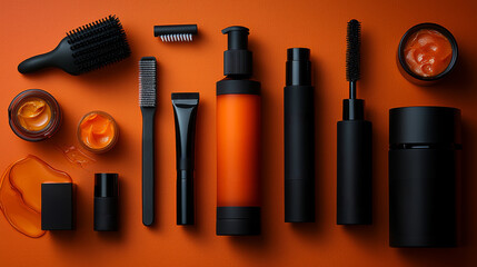 Obraz premium Elegant Black and Orange Grooming and Haircare Products Flat Lay