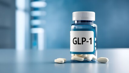 A medicine bottle labeled glp-1 placed against a blue laboratory background, medical research, pharmaceutical development, healthcare concept
