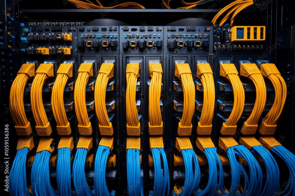 Poster Hyper-realistic close-up of server racks in a data center, capturing the organized and structured infrastructure of data warehousing with intricate details, symbolizing scale and precision