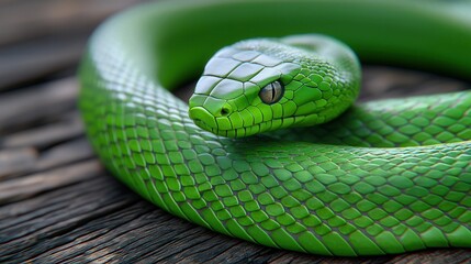 Obraz premium A close-up of a vibrant green snake resting on wooden surface, showcasing its intricate scales and captivating gaze.
