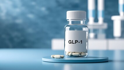 A medicine bottle labeled glp-1 placed against a blue laboratory background, medical research, pharmaceutical development, healthcare concept