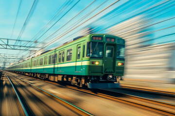 Obraz premium A green and blue train is moving rapidly on the railway, with a motion blur effect.