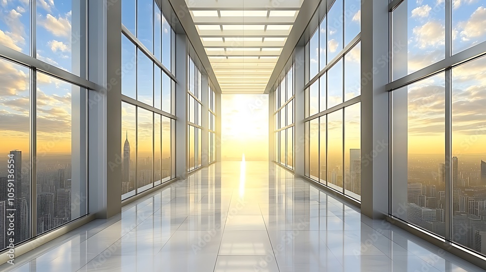 Poster modern office with city view subtle blur background with space for custom text