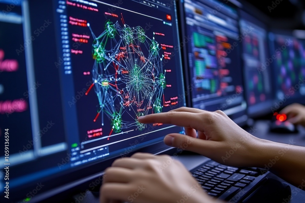Poster Large monitor displaying a complex web of data points, with connections highlighted in vivid colors, capturing the depth of pattern recognition in data mining, symbolizing complexity and insight