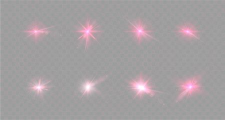 Light red star. Light sunny sparkle. Red light flash white. Vector illustrator. lighting effects. Beam a spotlight and a star with bokeh and dust. Glowing abstract isolated lenses light effects.