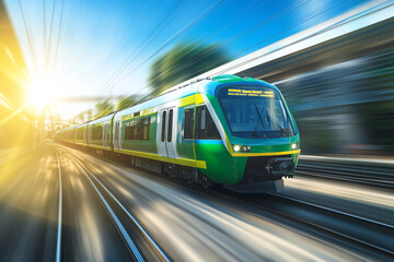 Naklejka premium A green and blue train is moving rapidly on the railway, with a motion blur effect.