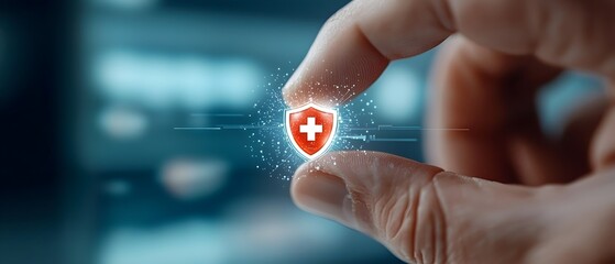 Closeup of a human finger activating a medical shield icon that emits a bright glow symbolizing secure and protected healthcare services hospital treatment and digital health technology