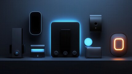 A collection of modern smart home devices featuring sleek designs and ambient lighting in a dark setting.