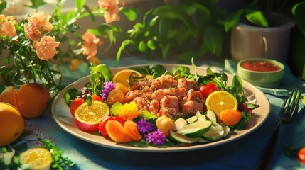 A vibrant salad featuring fresh greens, colorful vegetables, citrus fruits, and flowers, beautifully arranged on a plate.