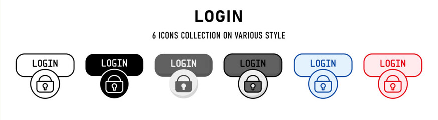 Login icons collection. 6 Various style. Web buttons concept. For sign, symbol, presentation, element, infographic or web graphics. Vector Illustration.