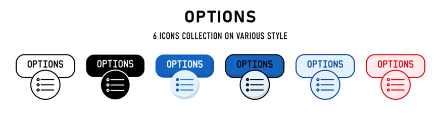 Options icons collection. 6 Various style. Web buttons concept. For sign, symbol, presentation, element, infographic or web graphics. Vector Illustration.