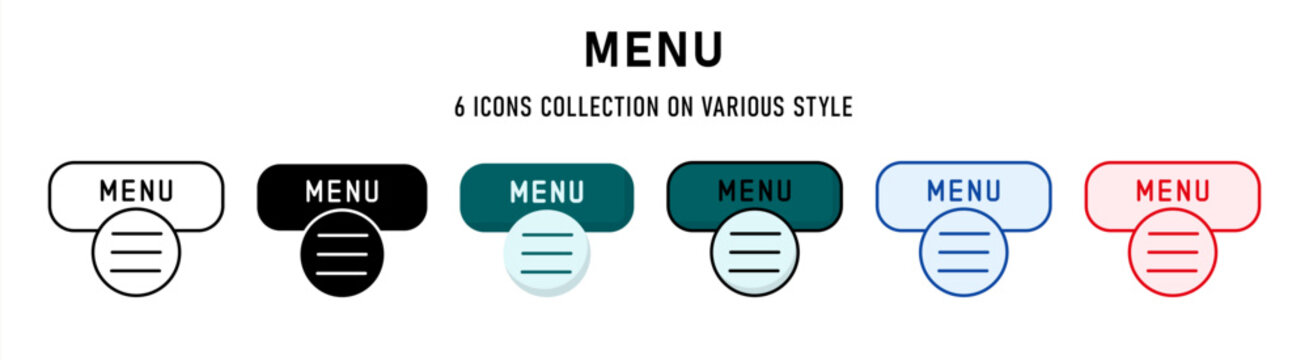Menu icons collection. 6 Various style. Web buttons concept. For sign, symbol, presentation, element, infographic or web graphics. Vector Illustration.