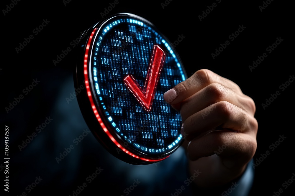 Aufkleber Person analyzing a holographic data grid with clean, precise entries and verification icons, capturing the futuristic approach to data quality management, symbolizing innovation and assurance