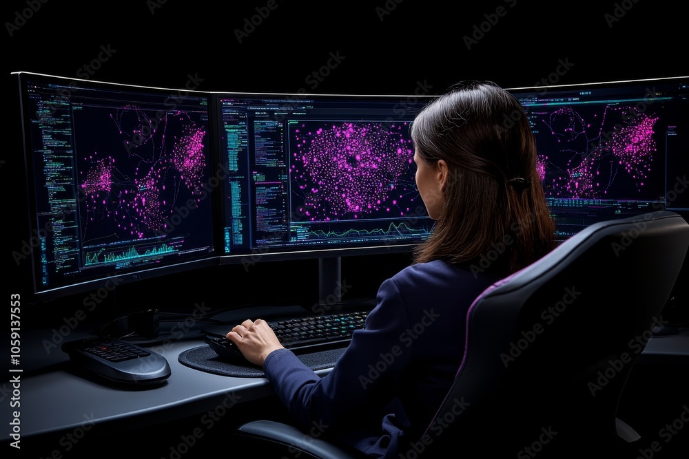 Poster Person analyzing large datasets on a dual-screen setup, with detailed graphs and patterns in colorful visuals, capturing the visual side of data mining, symbolizing clarity and analytics