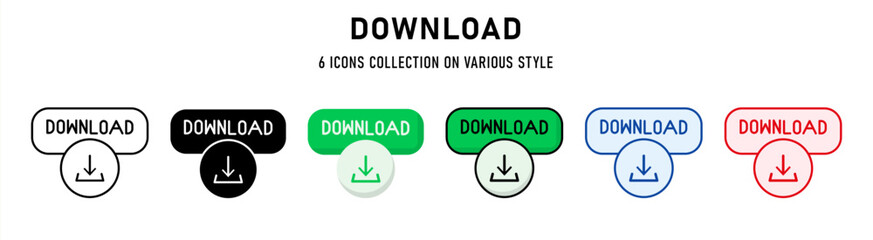 Download icons collection. 6 Various style. Web buttons concept. For sign, symbol, presentation, element, infographic or web graphics. Vector Illustration.