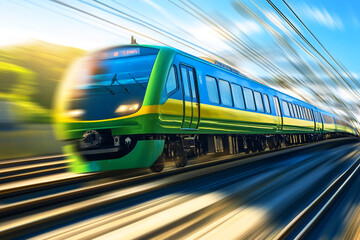 Fototapeta premium A green and blue train is moving rapidly on the railway, with a motion blur effect.
