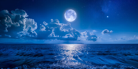 Full moon shining over a tranquil ocean night scene