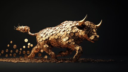 Fototapeta premium Bull made of gold coins charging forward, symbolizing a bullish stock market, dynamic and powerful imagery,