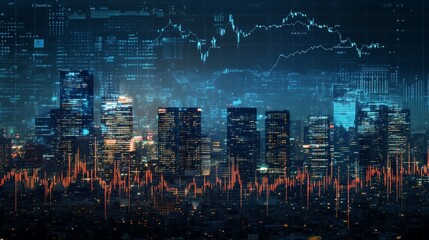 Fototapeta premium City skyline with stock charts overlay, showing economic growth and urban development, modern and dynamic.