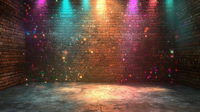 A vibrant, illuminated stage with colorful lights shining on a brick wall, creating a festive atmosphere.