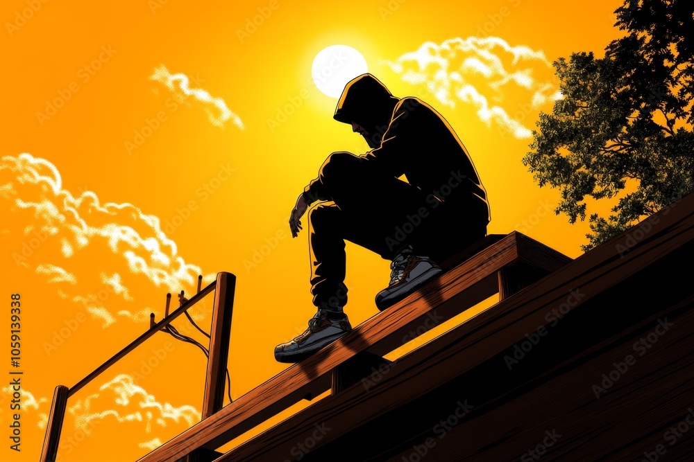 Poster silhouette of a hooded figure on a rooftop, with simple, clean lines capturing the stealth and focus