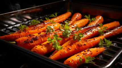 Roasted carrots with herbs on grill in oven