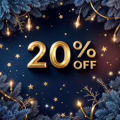 Fototapeta premium 3d 20% off golden banner. Christmas sale. Inscription. Discount. Winter sale. New Year sale