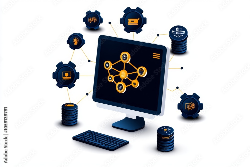 Poster Simple icon of a computer displaying interconnected nodes, capturing the process of identifying relationships in data mining, symbolizing focus and connectivity