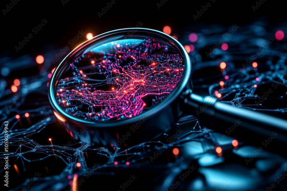 Poster Simple outline of a magnifying glass over data points, capturing the careful search for insights in a minimalist style, symbolizing clarity and insight