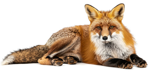 Fototapeta premium Red fox lying down on white background, close-up view