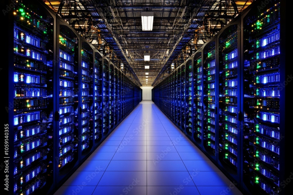 Fototapete Technicians in a brightly lit server room filled with neatly arranged server racks, capturing the clean and structured environment of a data warehouse, symbolizing organization and capacity