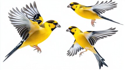 Obraz premium Three vibrant yellow birds in mid-flight, showcasing their striking wings and playful demeanor.