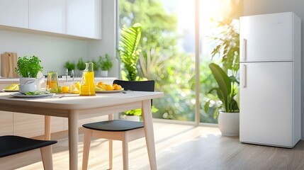 Sleek and Minimalist Modern Kitchen with a Dining Area Featuring a Black Table and Chairs White Cabinetry and 3D Rendering