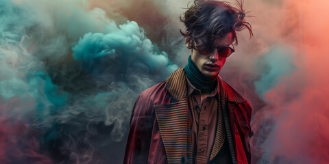 Obraz premium Stylish man in smoky colorful background with sunglasses