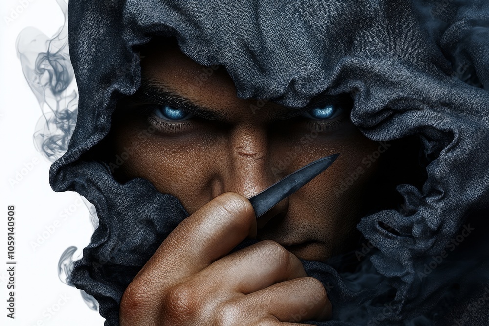 Poster watercolor illustration of an assassin holding a hidden blade, with subtle shading and soft shadows 