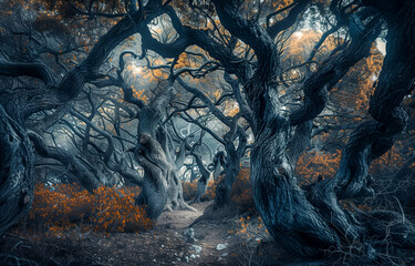 Fototapeta premium Enchanted forest with twisted trees and autumn foliage