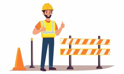 Construction worker gives thumbs up by barricade.