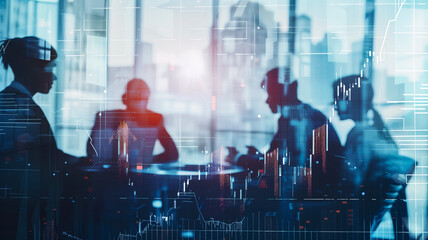 Business meeting with financial data overlay and futuristic cityscape