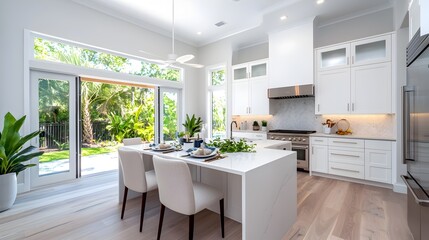 Fototapeta premium Bright and Airy Open Concept Kitchen with Chic Dining Table Sophisticated Chairs and Warm Under Cabinet Lighting Creating a Refined and Inviting Living Space
