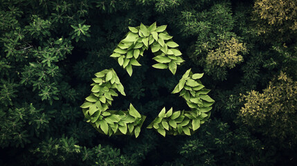 Obraz premium Green leaves arranged in a recycling symbol surrounded by lush foliage in a natural forest setting, symbolizing sustainability and environmental conservation.